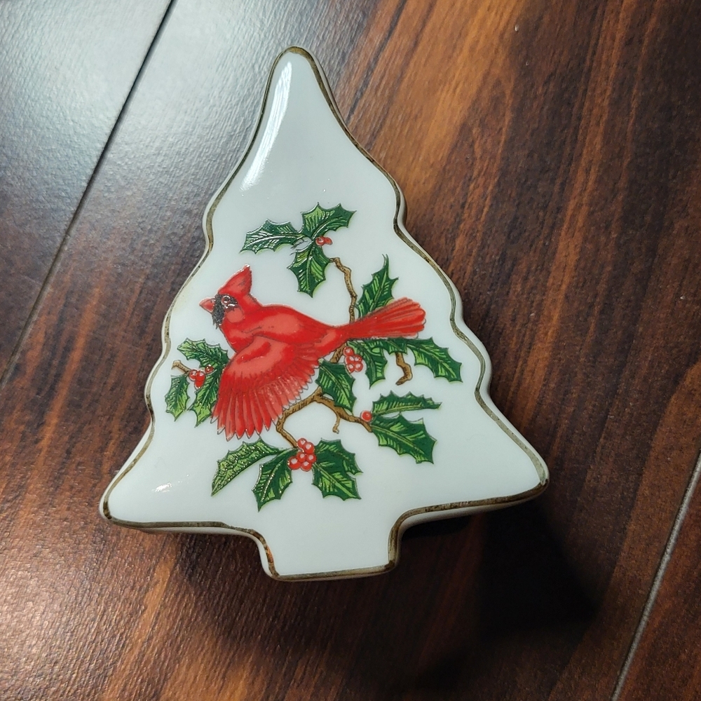 Vintage Christmas Tree Shaped Dish with Cardinal Design